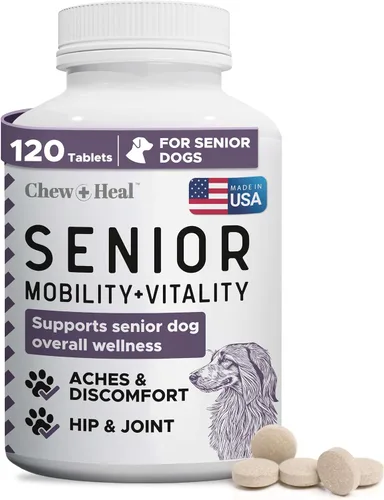 Suplementos para perros mayores para cadera y articulaciones, 120 tabletas de vitaminas para perros | Alivio del bienestar y el dolor: fabricado con