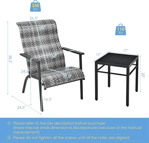 Miniatura 6 de RELAX4LIFE Juego de muebles de patio de 3 piezas, juego de bistró de mimbre para exteriores con mesa de café, respaldo ergonómico y reposabrazos