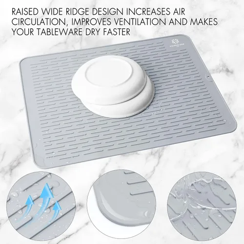 Miniatura 4 de Tapete de silicona para secar platos para encimera de cocina, extragrande, 23 x 18 pulgadas, resistente al calor, diseño antideslizante, secado Gris