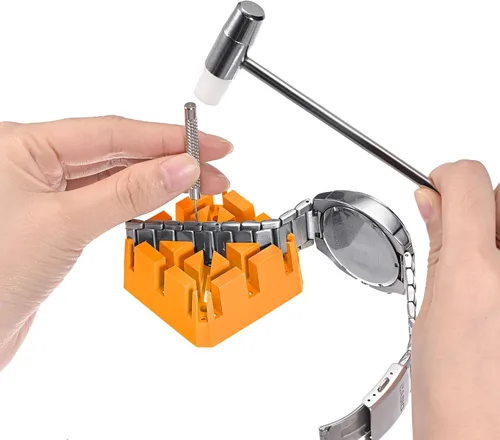 Miniatura 5 de uxcell Juego de herramientas de extracción de pin de enlace de banda de reloj con pernos de martillo 0.70.80.035 in soporte de correa naranja