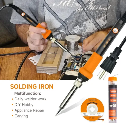 Miniatura 4 de Kit de soldadura TOWOT, soldador electrónico de 60 W con temperatura ajustable, bomba desoldadora, alambre de estaño, mecha de soldadura, pinzas