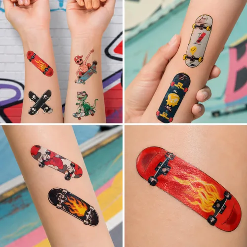 Miniatura 5 de 96 tatuajes temporales precortados para patineta, decoraciones de fiesta de cumpleaños con temática de patinaje, divertidas calcomanías para niños
