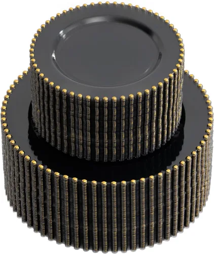 Miniatura 17 de supernal 100 piezas Platos de plástico negros y dorados, platos desechables negros, suministros de fiesta de Halloween que incluyen 50 platos