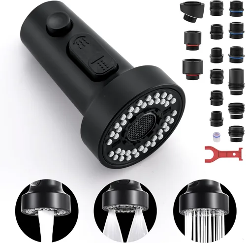 TIORIY Cabezal de Repuesto para Grifo de Cocina Negro, con 15 Adaptadores de Plástico Cabezal Rociador de Grifo Extraíble, Boquilla Rociadora Negro