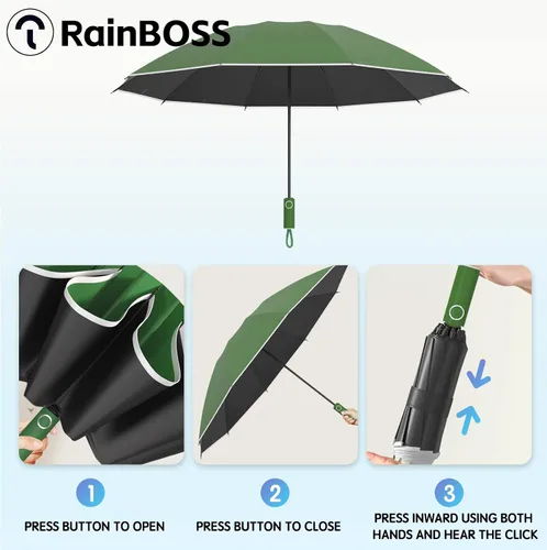 Miniatura 4 de RainBOSS Automatic Travel Umbrella with 10 Ribs, Large Windproof Umbrellas for Rain & Sun, Compact Folding Inverted Umbrella with Reflective Stripe