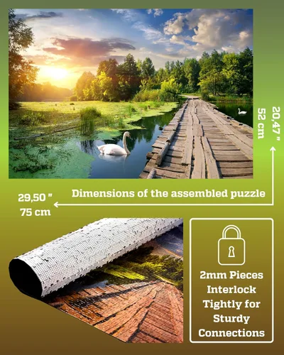 Miniatura 2 de Rompecabezas de 1000 piezas para adultos – Hora dorada en el lago con puente de madera y cisnes, caja lista para regalo, letras en la parte Cisnes