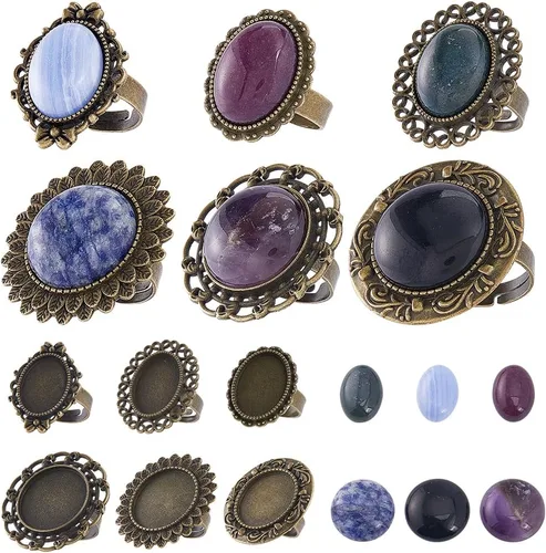 Miniatura 10 de SUNNYCLUE 16 piezas DIY 8 juegos de anillos bisel en blanco piedra natural cabujones estilo antiguo anillo de dedo ajustable componentes en blanco