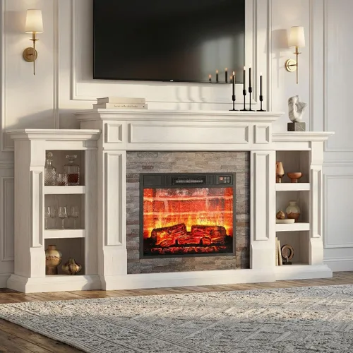 Miniatura 3 de LGHM Chimenea eléctrica de 72 pulgadas con repisa, soporte de TV para televisores de hasta 80 pulgadas, moderno centro de entretenimiento con Blanco