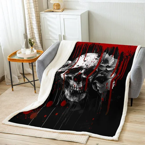 Miniatura 13 de Manfei Manta de calavera floral con estampado de sangre y flores rojas, para decoración de habitación de niños y niñas, manta gótica de calavera