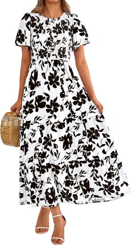 Miniatura 28 de PRETTYGARDEN - Vestido largo casual de verano para mujer, manga corta acampanada, bohemio, floral, cuello redondo, vestido blusón, escalonado