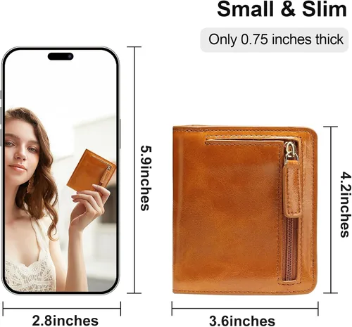 Miniatura 2 de Itslife - Cartera de piel con cierre de cremallera para mujer, tamaño pequeño, con ventana para identificación, marrón (Waxed Brown)), 1301