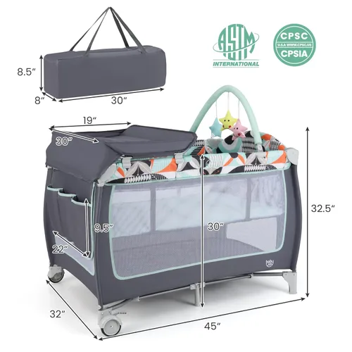 Miniatura 7 de BABY JOY 4 en 1 Pack and Play, corralito portátil para bebé con moisés, puerta lateral con cremallera, cambiador, centro de viaje para interiores