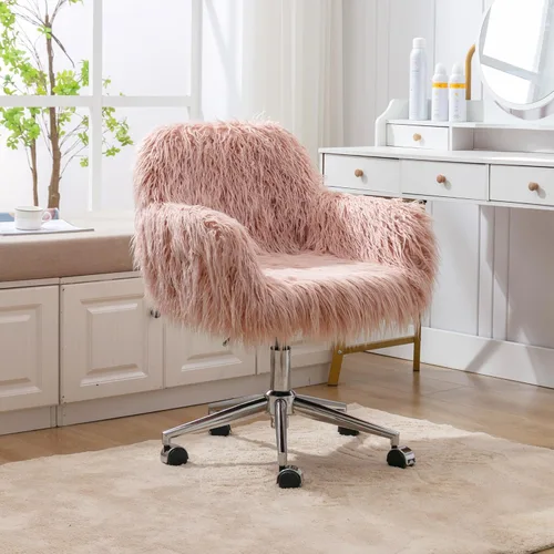 Miniatura 15 de HomVent Bonita silla de escritorio de oficina peluda, moderna silla de escritorio de piel sintética, silla de maquillaje de piel sintética