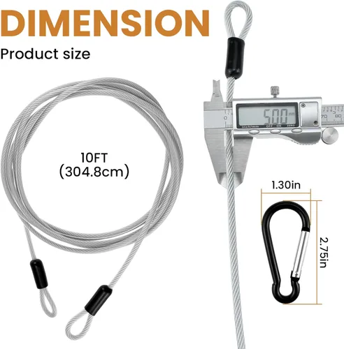 Miniatura 2 de 10FT 5mm Stainless Steel Security Cable with Hooks, Steel Coated Braided Double Loop Flexible Wire Rope for Bicycles, Luggage, Gates & Outdoor