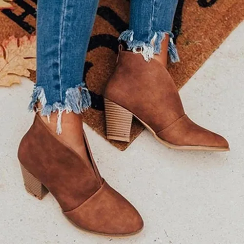 Miniatura 2 de Botas para mujer, botas de plataforma retro sin cordones con corte en V para mujer, botas de tobillo con punta puntiaguda, botas cortas casuales