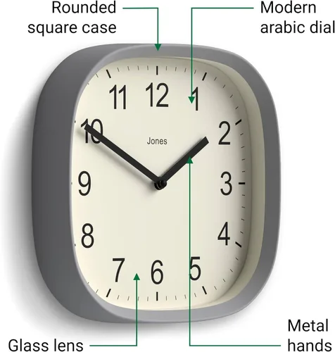 Miniatura 6 de JONES CLOCKS® Reloj de pared Sprite Reloj cuadrado redondo retro moderno 10 pulgadas Gris Números fáciles de leer Perfecto para cocina u