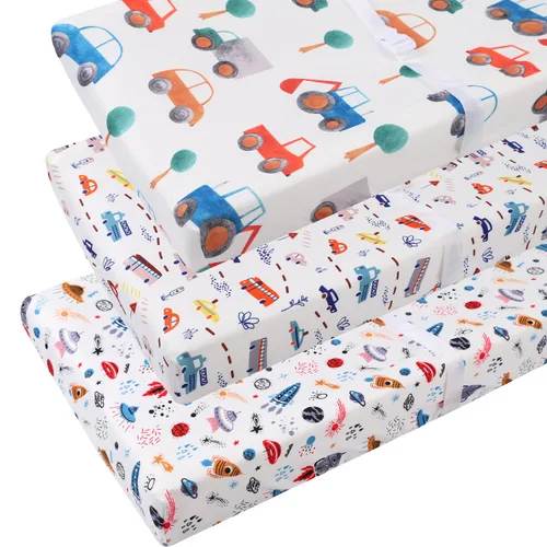 Juego de 3 fundas para cambiador, tejido de punto ultra suave para bebés, niños y niñas, cohete satélite/coche/autobús