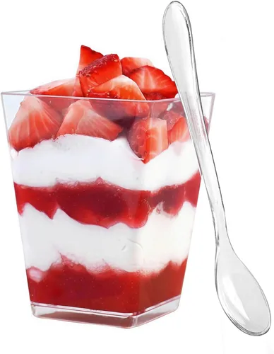 Zezzxu - Vasos de postre con cucharas, 100 tazas de postre de 5 onzas con cucharas, tazas de plástico transparente para postres reutilizables, tazas