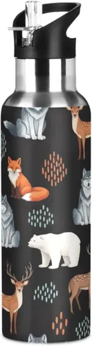 Insulated Stainless Steel Water Bottle with Straw 20 Oz, BPA-Free Sport Water Bottle Insulated for Gym Outdoor Travel School, Cute Animals Fox Wolf