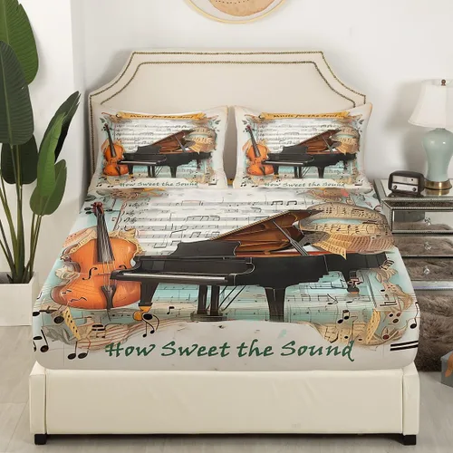 Miniatura 3 de Juego de sábanas de violonchelo de piano tamaño individual, juego de ropa de cama de 3 piezas para niños y niñas, decoración de habitación