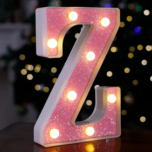 Miniatura 37 de Letras con luces LED, letras de marquesina con brillantina rosa, letras del alfabeto, letreros iluminados por pilas, para decoración de fiestas