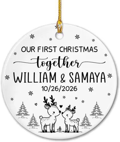 Miniatura 9 de Adorno de cerámica Our First Christmas Together, adorno de Navidad 2025 personalizado con nombre y fecha, renos para colgar en cerámica, regalo