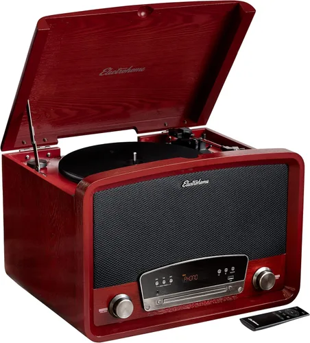 Electrohome Kingston - Reproductor de discos de vinilo vintage 7 en 1 con tocadiscos de 3 velocidades, Bluetooth, radio AM/FM, CD, entrada auxiliar,
