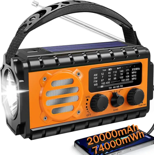 Miniatura 10 de Radio de emergencia con manivela de 20000 mAh, radio meteorológica SW/NOAA/AM/FM, cargador de manivela alimentado por energía solar con batería