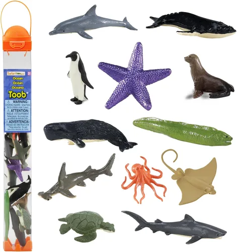Safari Ltd Ocean TOOB viene con 12 diferentes modelos de figuras de juguete de animales pintados a mano incluyendo león marino, rayo de águila,