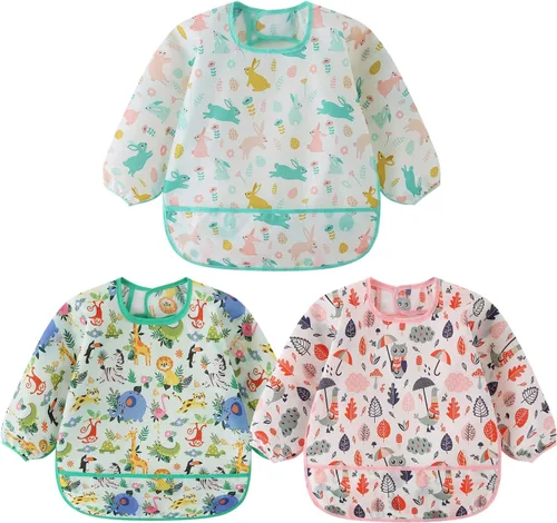 Juego de 3 baberos impermeables de manga larga para bebés, babero de destete, 3-24 meses Conejo/Búho/Zoológico