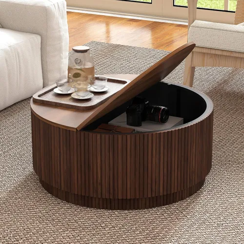 Miniatura 16 de Mesa de café redonda de 31.5", Mesa de centro moderna con acento acanalado y marco de metal, mesas de café de madera redondas para sala de estar