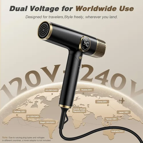 Miniatura 2 de Secador de pelo de viaje de doble voltaje con difusor, secador iónico profesional de alta velocidad de 1900 W para secado rápido, ligero, sin daños