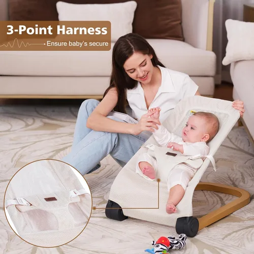 Miniatura 3 de Portabebés portátil y plegable con 3 ajustes de altura, gorila ergonómica para bebés de 0 a 6 meses, estilo de grano de madera, vibraciones Beige