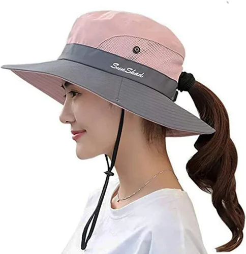 Miniatura 20 de Sombrero de sol de verano para mujer, cola de caballo – Protección UV de malla de ala ancha plegable con agujero para cola de caballo