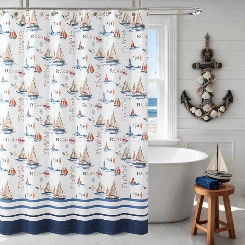 Miniatura 18 de Cortina de ducha náutica azul aviación, cortina de ducha de tela, cortinas de ducha azul marino para baño, cortinas de baño impresas, cortinas