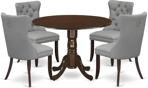 East West Furniture DLDA5-MAH-27 - Juego de mesa de comedor de 5 piezas, incluye una mesa de cocina redonda con gotas y 4 sillas Parson tapizadas de