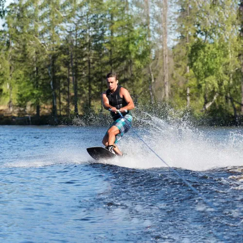 Miniatura 8 de Obcursco Cuerda Wakeboard, línea de deportes acuáticos con mango EVA. Ideal para esquí acuático, wakeboard, rodillera 2 secciones rojo y negro