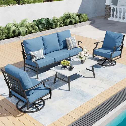 Miniatura 38 de SUNSHINE VALLEY Juego de muebles de patio, 4 piezas de muebles modernos de metal para exteriores, sofá de 3 plazas, 2 sillas mecedoras, mesa