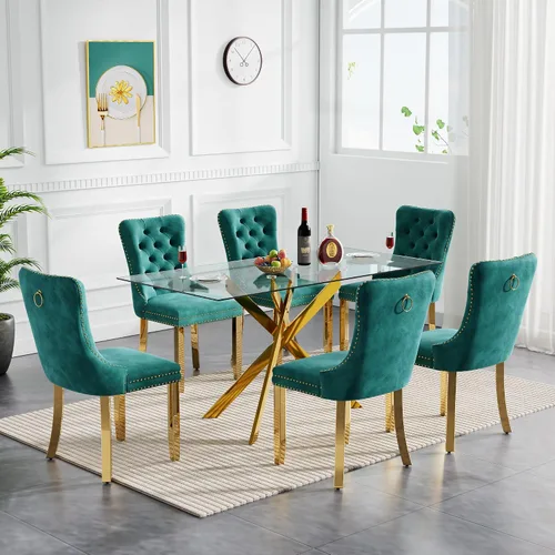 Miniatura 20 de Juego de mesa de comedor de cristal para cocina de 4, 5 piezas, mesa de comedor rectangular de 51 pulgadas con 4 sillas de cocina de terciopelo