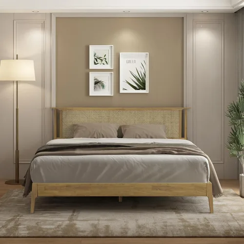 Miniatura 6 de NTC Marco de Cama de Madera Ruby con Cabecero y Ratán Natural, Base de Madera Sólida de Roble/Caucho con Listones Silenciosos, Capacidad de 1000