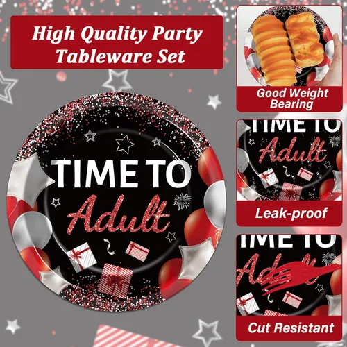 Miniatura 3 de gisgfim 96 piezas de suministros para fiesta de cumpleaños de 18 años, platos de papel, servilletas, hora de ser adulto, rojo y negro, juego