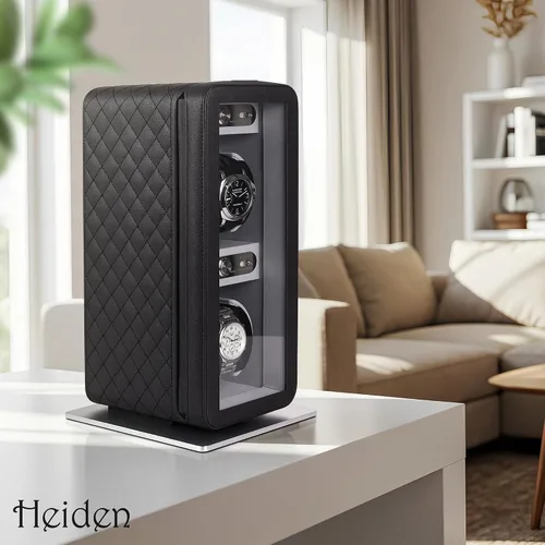 Miniatura 9 de Heiden Monaco - Bobinadora de reloj doble en cuero negro, funciona con pilas o adaptador de CA, 12 ajustes de programa, cuero vegano cosido