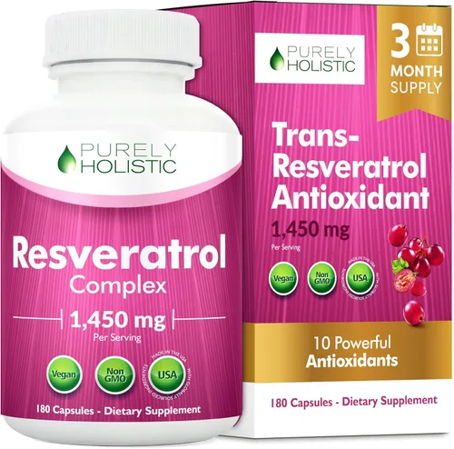Purely Holistic Resveratrol 1450 mg, 90 porciones, suplemento antioxidante trans-resveratrol con vitamina C y complejo de polifenoles, 180 cápsulas