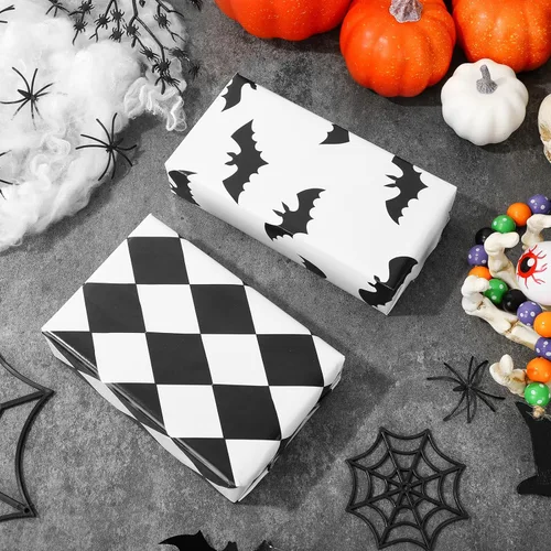 Miniatura 4 de AnyDesign 12 hojas de papel de regalo de Halloween, papel de embalaje de telaraña de fantasma, calabaza y fantasma, papel de embalaje plegado plano