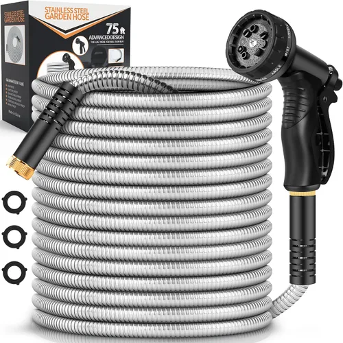 Miniatura 11 de Manguera de Jardín de Metal de 25 Pies, Manguera de Agua Resistente de Acero Inoxidable con Boquilla de 10 Funciones, Sin Torceduras, Resistente