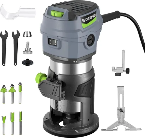 WORKPRO Kit de enrutador compacto, herramienta de enrutador manual con cable de 6.5 amperios, enrutador de madera de 6 velocidades variables para