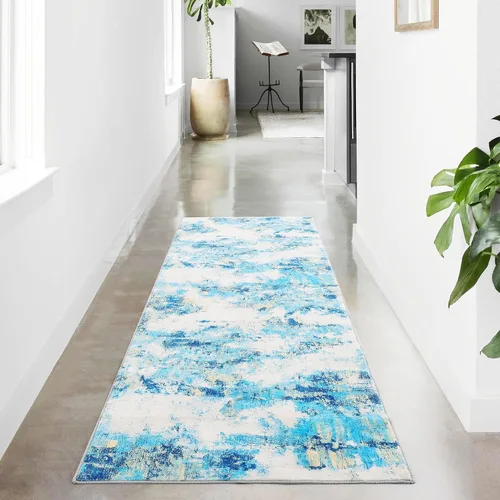 Miniatura 17 de Carvapet 9x12 Alfombras grandes para sala de estar y dormitorio, alfombra moderna lavable azul de pelo bajo con respaldo de goma, plegable, alfombra
