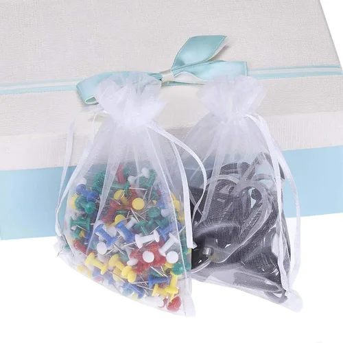 Miniatura 2 de 50 bolsas de papel de regalo de 4 x 6 pulgadas, tela de tul transparente de organza, bolsa de cordón blanco para baby shower, fiesta de cumpleaños