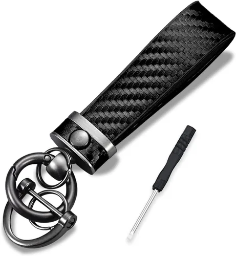 ASUBHA Llavero de coche de fibra de carbono, llavero universal de cuero de alta calidad, giratorio de 360 grados con anillo en D antipérdida