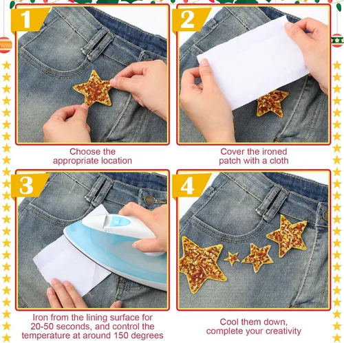 Miniatura 4 de Daifunli 24 Parches de Lentejuelas Termoadhesivos en 4 Diseños de Parches Decorativos Bordados Brillantes para Ropa, Bolsos, Chaquetas, Jeans, Dorado